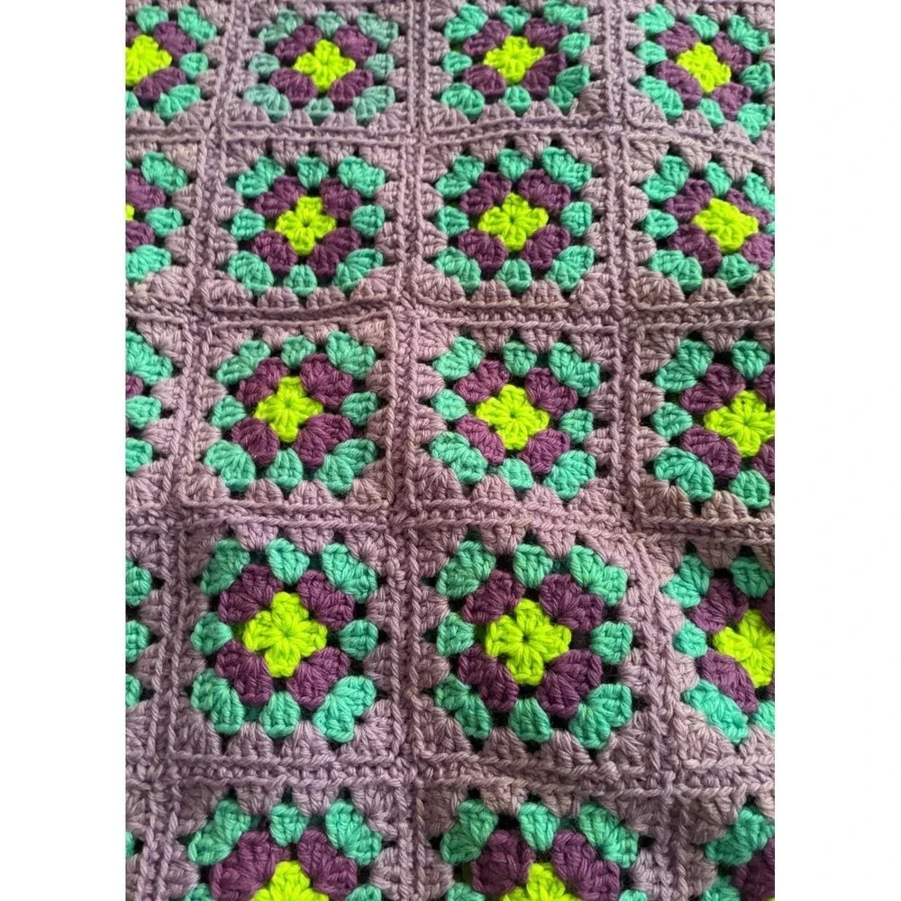 Hand Crocheted Granny Square Afghan 40x64 Purple Teal Green Vtg Blanket Retro